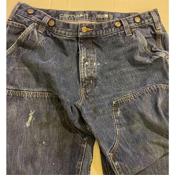 Distressed Carhartt Double knee Blue Denim Pants  Relaxed Fit Rugged Flex Utilit - Picture 15 of 16